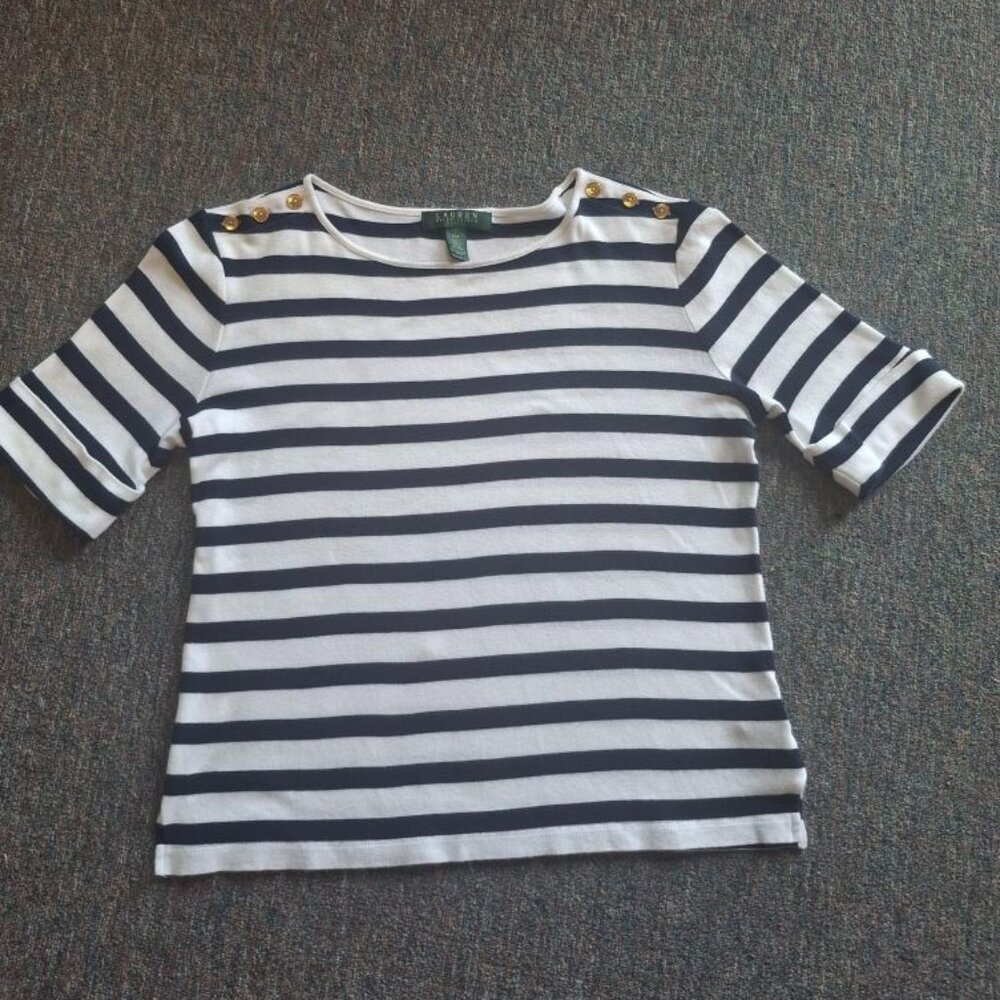 Women's Med, Ralph Lauren 100% cotton, navy and white nautical striped tee shirt